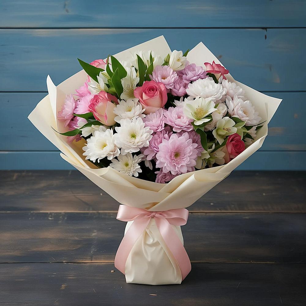 Букет цветов из: Хризантемы, Альстромерии и Розы в Тамале